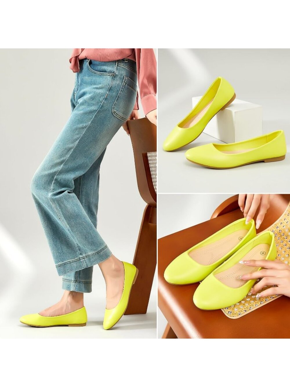 Women's Lemon Yellow Leather Ballet Round Toe Comfortable Flats Slip On Shoes - Picture 5 of 6